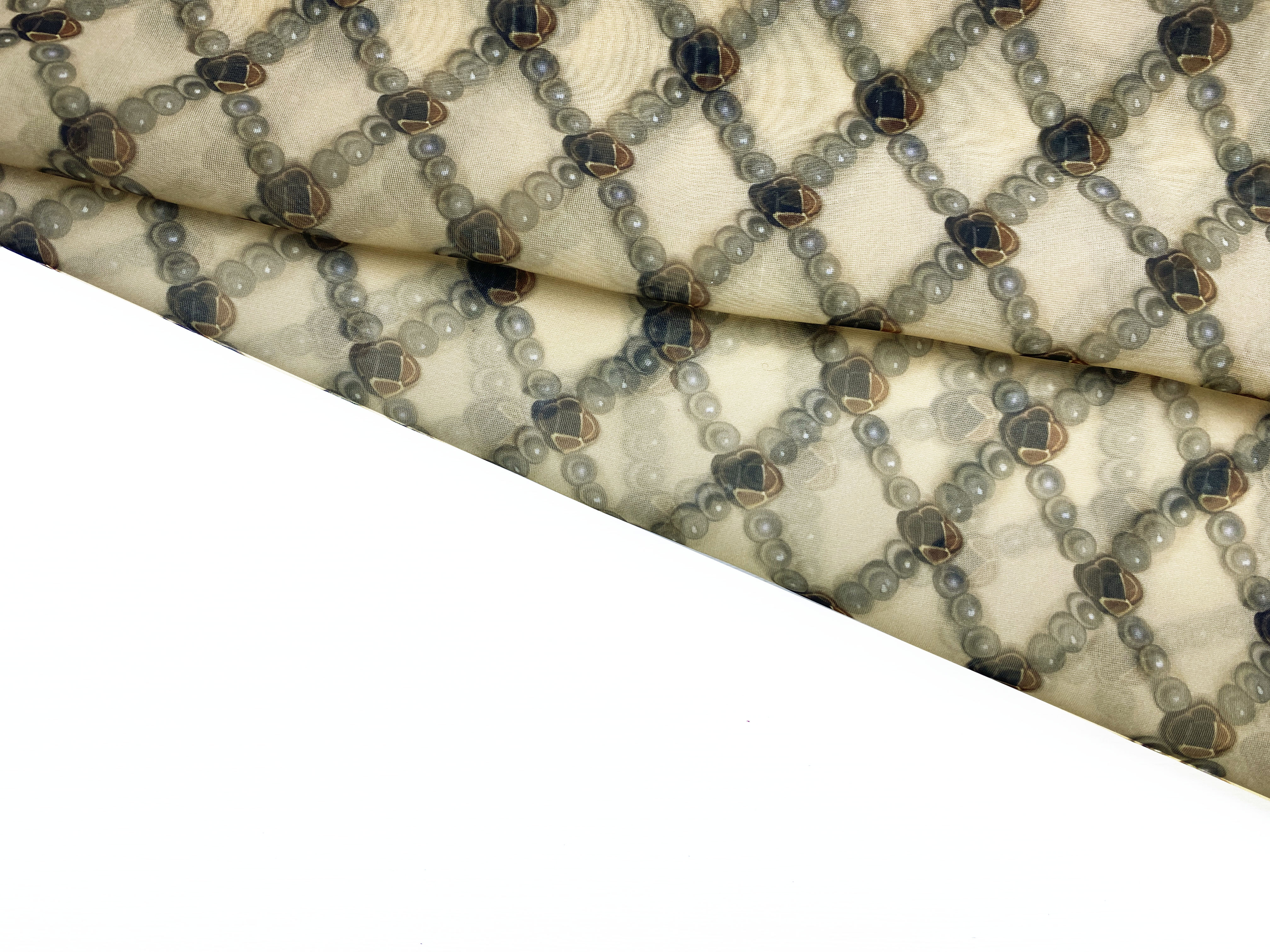 Ткань Шифон бежевого цвета с принтом  ромбы из бусин 24110 4