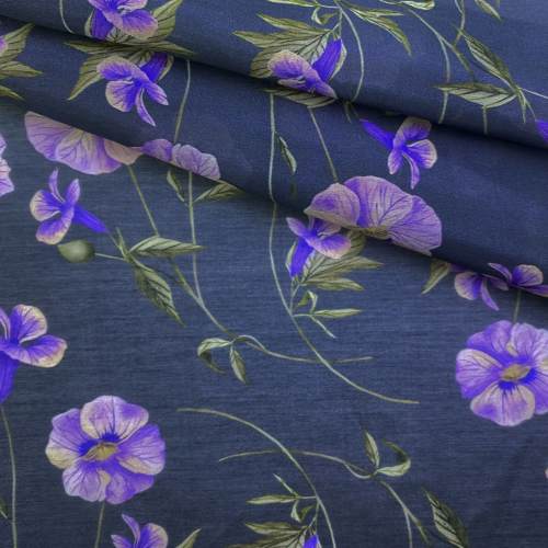 Ткань Муслин  серого цвета с принтом  фиолетовые цветы  16742