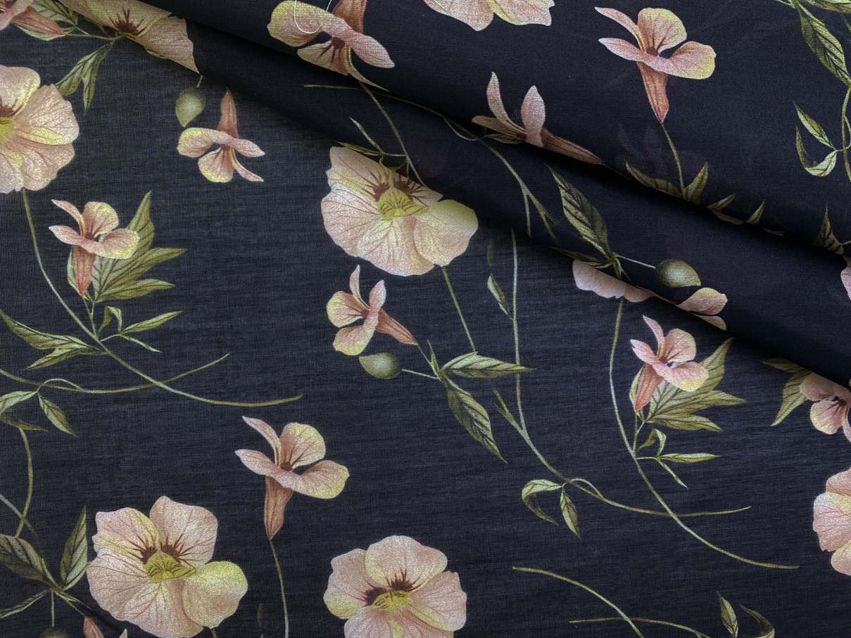 Ткань Муслин  чёрного цвета с принтом  персиковые цветы  16741 1