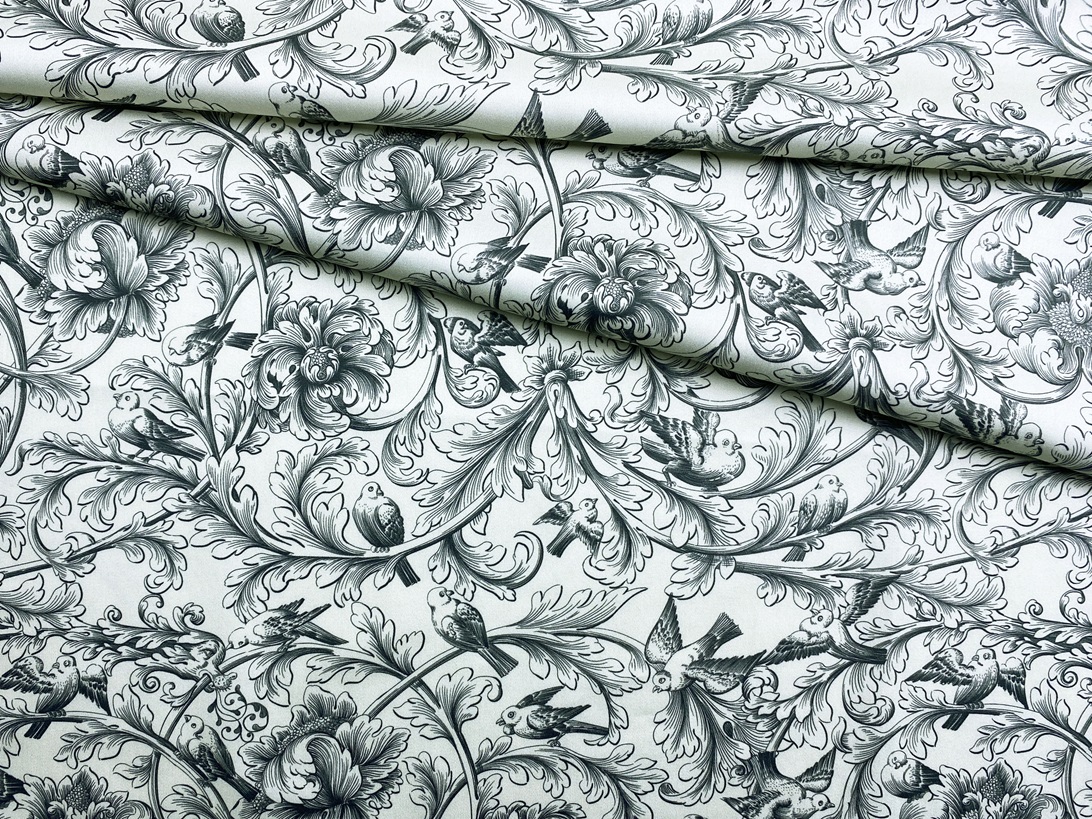 Ткань Хлопок атласный бежевого цвета с принтом  птицы ,вензеля  14181 1
